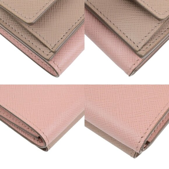 PRADA Logo Trifold Compact Wallet Saffiano Metal Leather Pink Beige 88FB246 - Picture 7 of 13